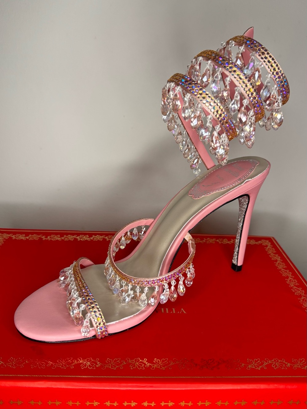 Rene Caovilla Pink Crystal Drop Spiral Ankle Stilettos - Picture 5 of 7